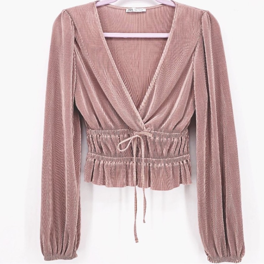 ZARA Satin Deep V-Neck Long Sleeve Blouse in Rose Gold